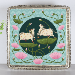 Pichwai German Silver Tray - 12 Inch Square